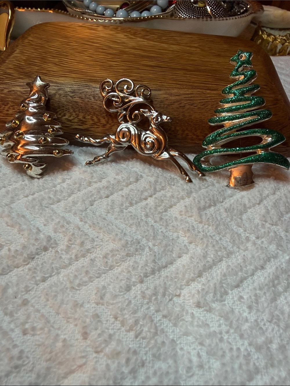 Holiday Tree and Reindeer Decorative Brooch Set - Green and Silver Tone